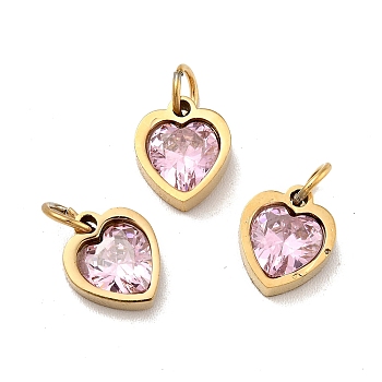Vacuum Plating 304 Stainless Steel Pendants, with Cubic Zirconia and Jump Rings, Single Stone Charms, Heart, Golden, Pearl Pink, 9x8x3mm, Hole: 3.6mm