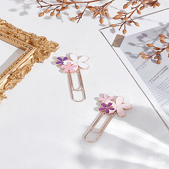 2Pcs 2 Style Rose Gold Tone Zinc Alloy Enamel Bookmarks, Sakura Flower Paper Clips, Mixed Color, 58x29.5x3.5mm, 1pc/style