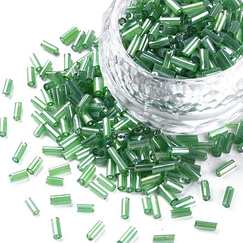 Transparent Colours Luster Glass Bugle Beads, Round Hole, Sea Green, 3~8x2mm, Hole: 0.7mm, about 450g/pound