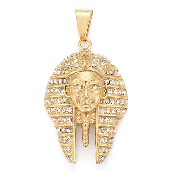 304 Stainless Steel Big Pendants, with Crystal Rhinestone, Pharaoh, Golden, 50.5x33.5x22mm, Hole: 6.5x11.5mm