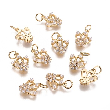 Brass Micro Pave Cubic Zirconia Charms, with Acrylic Beads, Long-Lasting Plated, Crown, Golden, 13x10x3mm, Hole: 3.5mm