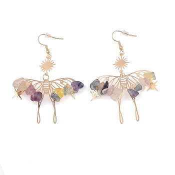 Natural Fluorite Chips Dangle Earrings, Bohemian Hollow Butterfly Brass Jewelry for Women, 75x46mm