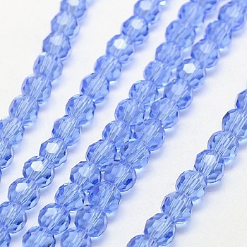 Glass Beads Strands, Faceted(32 Facets), Round, Light Sky Blue, 8mm, Hole: 1mm, about 70~72pcs/strand, 22.6 inch