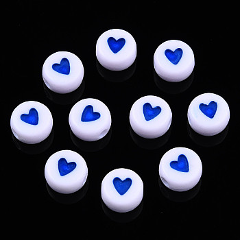 Opaque Acrylic Beads, with Enamel, Flat Round with Heart, Medium Blue, 7x3.5mm, Hole: 1.2mm, about 3600~3700pcs/500g
