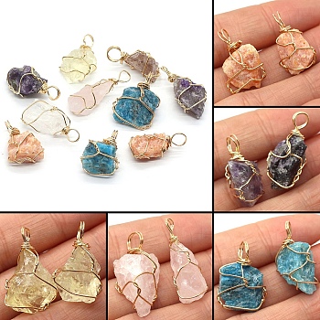 Raw Rough Natural Mixed Gemstone Pendants, Nuggets Charms with Golden Plated Copper Wire Wrapped, 18~30x12~22mm