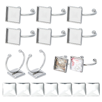 DIY Blank Square Cuff Ring Making Kit, Including 304 Stainless Steel Open Cuff Ring Components, Glass Cabochons, Stainless Steel Color, 20Pcs/box
