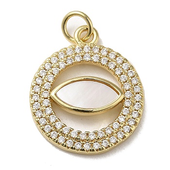 Brass Micro Pave Cubic Zirconia Pendants, with Shell, Flat Round, Real 18K Gold Plated, 20x17x3.5mm, Hole: 3.4mm