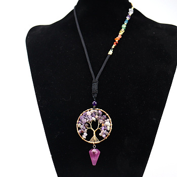 Natural Amethyst Chips Tree of Life Pendant Necklace, Brass Wire Wrap Necklace with Polyester Ropes, 25.98 inch(66cm)