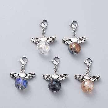 Alloy Pendants, with Faceted Glass Beads and 304 Stainless Steel Lobster Claw Clasps, Wing, Mixed Color, 35mm