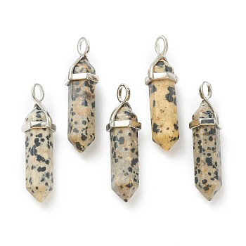 Natural Dalmatian Jasper Pendants, with Platinum Tone Brass Findings, Bullet, 39.5x12x11.5mm, Hole: 4.5x2.8mm