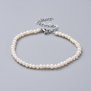 Natural Freshwater Pearl Beads Bracelets, with 304 Stainless Steel Extender Chains and Burlap Packing Pouches Drawstring Bags, White, 7-1/2 inch(19.2cm)