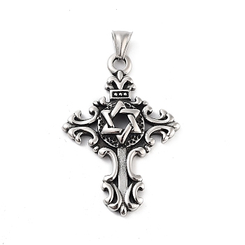 Retro 304 Stainless Steel Big Pendants, Cross with Star of David Charm, Antique Silver, 54.5x38x7mm, Hole: 4x6.5mm