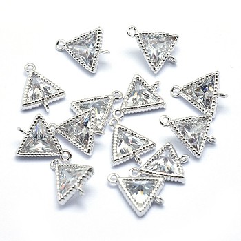 Brass Links, Clear, with Cubic Zirconia, Lead Free & Cadmium Free & Nickel Free, Triangle, Real Platinum Plated, 10.5x8x3.5mm, Hole: 0.8mm