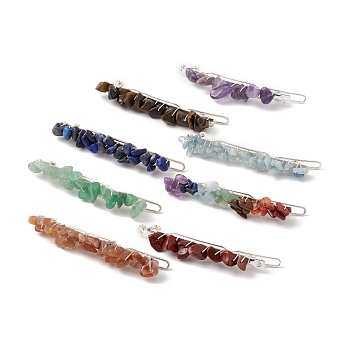 Natural Mixed Gemstone Hair Barrettes, with Iron Findings, Hair Accessories for Woman Girl, Silver, 67.5~68x6~10x7mm