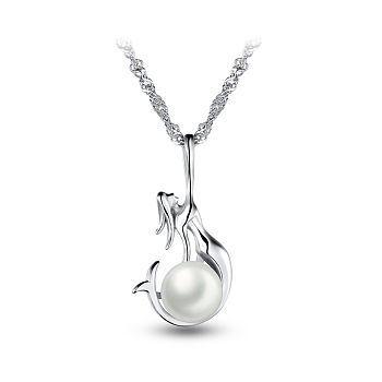 SHEGRACE Chic 925 Sterling Silver Freshwater Pearl Mermaid Pendant Necklace, Seashell Color, 17.7 inch
