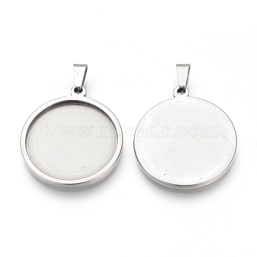 304 Stainless Steel Pendant Cabochon Settings, Flat Round, Stainless Steel Color, Tray: 30mm, 36x33x2.5mm, Hole: 8x4mm(X-STAS-S073-05P)