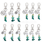 12Pcs 3 Styles Natural Peridot & Quartz Crystal & Green Aventurine & Malachite Chips Pendant Decorations, Alloy Clover and Swivel Clasp Charms for Bag Ornaments, Antique Silver, 67~68mm, 4pcs/style(HJEW-GO00101)