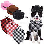 3Pcs 3 Colors Tartan Pattern Cotton Pet Bandana, with 3Pcs 3 Colors Felt Pet Western Cowboy Hat, Mixed Color, 670~680x310~315x0.4mm(AJEW-OC0015-57)