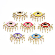 Brass Micro Pave Cubic Zirconia Links Connectors, with Enamel, Nickel Free, Evil Eye, Real 16K Gold Plated, Mixed Color, 25x32x3mm, Hole: 2mm(ZIRC-T014-043G-NF)