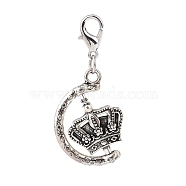 Tibetan Style Alloy Crown Pendants Decorations, Lobster Clasp Charms, for Keychain, Purse, Backpack Ornament, Antique Silver, 39mm, Pendant: 26x18x5mm(HJEW-JM00816)