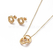 Ring 304 Stainless Steel Jewelry Sets, Cable Chains Pendant Necklaces and Stud Earrings, with Ear Nuts and Lobster Claw Clasps, Golden, 20.07 inch(51cm), 12.5mm, Pin: 0.7mm(SJEW-M097-06G)