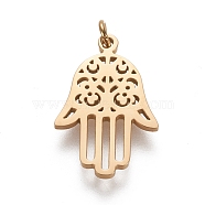 304 Stainless Steel Pendants, with Jump Ring, Laser Cut, Hamsa Hand/Hand of Fatima/Hand of Miriam, Golden, 20x13x1.5mm, Hole: 2mm(STAS-K197-21G)