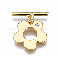 Brass Micro Pave Clear Cubic Zirconia Toggle Clasps, Nickel Free, Flower, Real 18K Gold Plated, 20mm long, Bar: 16x4x1.5mm, hole: 1.5mm, Jump Ring: 5x1mm, Inner Diameter: 3mm, Flower: 14x14.5x1mm, Hole: 1.2mm(KK-T063-94G-NF)