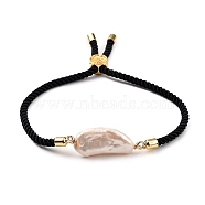 Adjustable Nylon Twisted Cord Slider Bracelets, Link Bracelets, with Natural Baroque Pearl Keshi Pearl Beads and Tree of Life Brass Beads, Black, Inner Diameter: 2-1/2 inch(6.5cm)(X-BJEW-JB05322-02)
