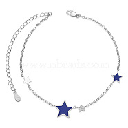 SHEGRACE 925 Sterling Silver Link Anklets, with Grade AAA Cubic Zirconia and Epoxy Resin, Star, Dark Blue, 8-1/4 inch(21cm)(JA56F)