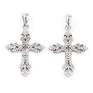 Rhodium Plated 925 Sterling Silver Micro Pave Clear Cubic Zirconia Pendants, Heart Religion Cross Charms wit 925 Stamp, Real Platinum Plated, 27x18.5x2mm, Hole: 3.5x5mm(STER-T007-34P)