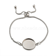 304 Stainless Steel Round Cabochon Setting Bracelets, Box Chain Adjustable Slider Bracelets Making, Stainless Steel Color, Tray: 20.5mm, 22.5x0.2cm(DIY-Z026-01C)