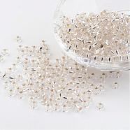 6/0 Round Silver Lined Round Hole Glass Seed Beads, White, 4mm, Hole: 1.5mm, about 496pcs/50g(X-SEED-A005-4mm-21)