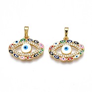 Brass Micro Pave Clear Cubic Zirconia Pendants, with Enamel and Brass Snap on Bails, Nickel Free, Real 18K Gold Plated, Eye, Colorful, 15.5x21x3mm, Hole: 3x6mm(ZIRC-N039-205)