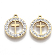 201 Stainless Steel Pendants, with Polymer Clay Crystal Rhinestone, for Religion, Flat Round with Cross, Golden, 17x15x2mm, Hole: 1.6mm(STAS-N091-19G)