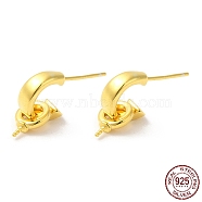 925 Sterling Silver Stud Earring Findings, C-shape Half Hoop Earring, Dangle Earring, for Half Drilled Beads, with 925 Stamp, Real 18K Gold Plated, 15x6x1.5mm, Pin: 0.7mm(STER-M114-19G)