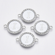 Alloy Enamel Links Connectors, with Crystal Rhinestones, Flat Round with Letter, Silver Color Plated, Letter.I, 22x16x2mm, Hole: 1.8mm(ENAM-TAC0003-01S-04I)