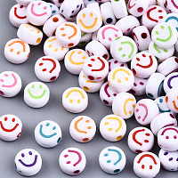 Opaque Craft Acrylic Beads, Flat Round with Smiling Face, Mixed Color, 7x3.5mm, Hole: 1.5mm