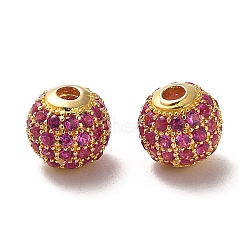925 Sterling Silver Micro Pave Cubic Zirconia Beads, Round, Real 18K Gold Plated, Fuchsia, 8x7.5mm, Hole: 2.2mm(STER-H110-24B-06G)