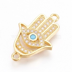 Brass Micro Pave Cubic Zirconia Links, Long-Lasting Plated, Hamsa Hand/Hand of Fatima/Hand of Miriam, Lead Free & Nickel Free & Cadmium Free, Clear, Real 18K Gold Plated, 22x14x2mm, Hole: 1mm(ZIRC-O026-18G-NR)