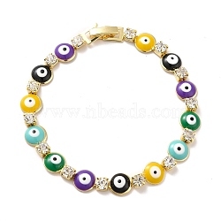 Rack Plating Iron Flat Round & Square Link Chains Bracelet, Enamel Evil Eye Bracelet with Clear Cubic Zirconia for Women, Golden, Colorful, 7-5/8 inch(19.3cm)(BJEW-I300-05G)