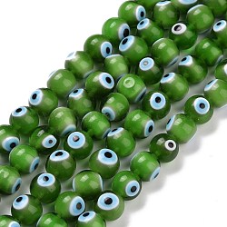 Handmade Evil Eye Lampwork Round Bead Strands, Green, 10mm, Hole: 1mm, about 39pcs/strand, 14.96 inch(LAMP-L055-10mm-27)