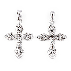 Rhodium Plated 925 Sterling Silver Micro Pave Clear Cubic Zirconia Pendants, Heart Religion Cross Charms wit 925 Stamp, Real Platinum Plated, 27x18.5x2mm, Hole: 3.5x5mm(STER-T007-34P)