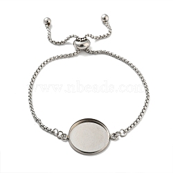 Non-Tarnish 304 Stainless Steel Round Cabochon Setting Bracelets, Box Chain Adjustable Slider Bracelets Making, Stainless Steel Color, Tray: 20.5mm, 22.5x0.2cm(DIY-Z026-01C)