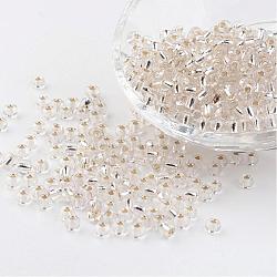 6/0 Round Silver Lined Round Hole Glass Seed Beads, White, 4mm, Hole: 1.5mm, about 496pcs/50g(X-SEED-A005-4mm-21)