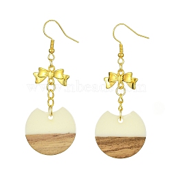 Resin & Walnut Wood Dangle Earrings, Golden Alloy Bowknot Long Drop Earrings, Flat Round, 63x24.5mm.(EJEW-JE05507-04)