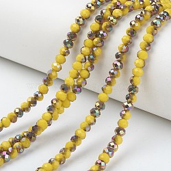 Electroplate Opaque Glass Beads Strands, Half Rose Gold Plated, Faceted, Rondelle, Yellow, 8x6mm, Hole: 1mm, about 65~68pcs/strand, 15.7~16.1 inch(40~41cm)(EGLA-A034-P8mm-R16)