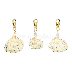 Wire Wrapped Shell Pendant Decorations, Shell Pearl and 304 Stainless Steel Lobster Claw Clasps Charms, Shell Shape, Creamy White, 37.5~42.5mm(HJEW-TA00072)