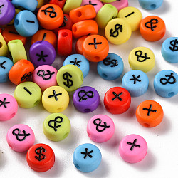 Craft Style Mixed Color Acrylic Hashtag Beads, Flat Round with Black English Character, Mixed Color, 7x3.5mm, Hole: 1.5mm, about 454pcs/50g.(X-MACR-Q241-A001)