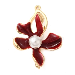 Brass with ABS Plastic Pearl Fold Over Clasps, with Dark Red Enamel, Flower, Real 18K Gold Plated, 36mm(KK-G505-05G)