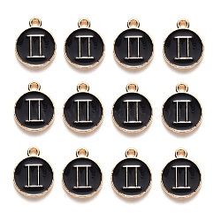 Alloy Enamel Pendants, Flat Round with Constellation, Light Gold, Black, Gemini, 15x12x2mm, Hole: 1.5mm, 100pcs/Box(ENAM-SZ0001-28C-I)